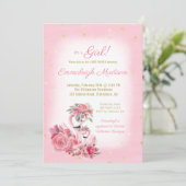 ピンクの水彩 フラミンゴ バレリーナ ベビーシャワー 招待状 (スタンド正面)