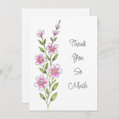 ピンクの水彩、ペンとインクのフローラステム サンキューカード (正面/裏面)