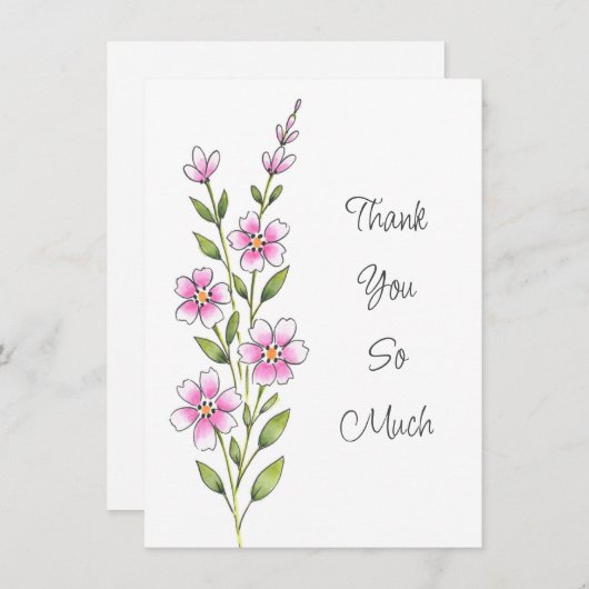 ピンクの水彩、ペンとインクのフローラステム サンキューカード (正面/裏面)