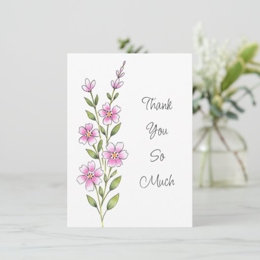 ピンクの水彩、ペンとインクのフローラステム サンキューカード (スタンド正面)