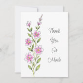 ピンクの水彩、ペンとインクのフローラステム サンキューカード (正面)