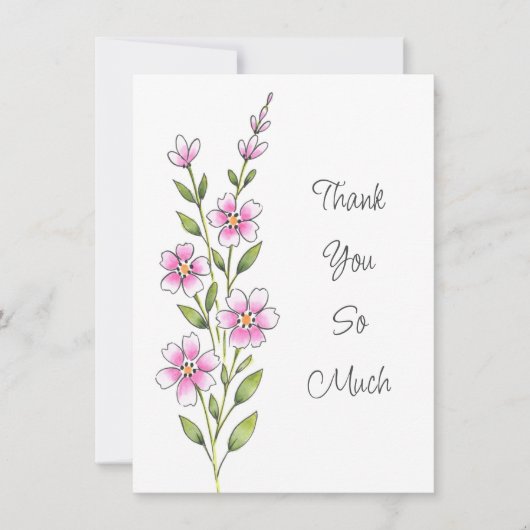 ピンクの水彩、ペンとインクのフローラステム サンキューカード (正面)