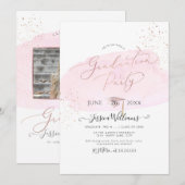 ピンクの水彩+ローズゴールドのキャップ 卒業パーティー 招待状 (正面/裏面)