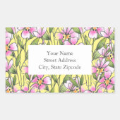 ピンクの水性ペンインクフローラステムパターンラベル 長方形シール (正面)
