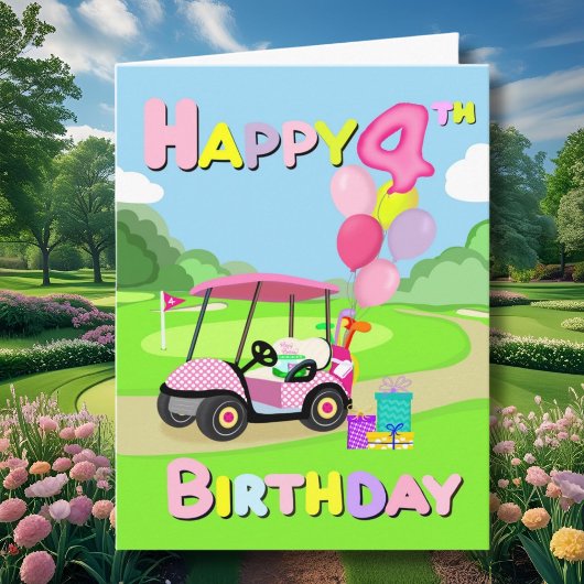 ピンクの水玉ガーリーゴルフ4歳の誕生日おめでとうカード カード