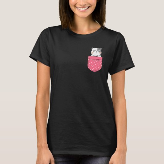 ピンクの水玉ポケットに猫 Tシャツ (正面)