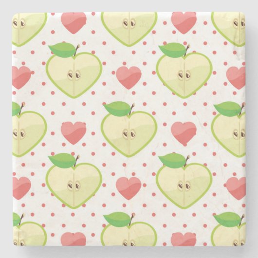 ピンクの水玉模様およびハートが付いているハートのりんご ストーンコースター (正面)