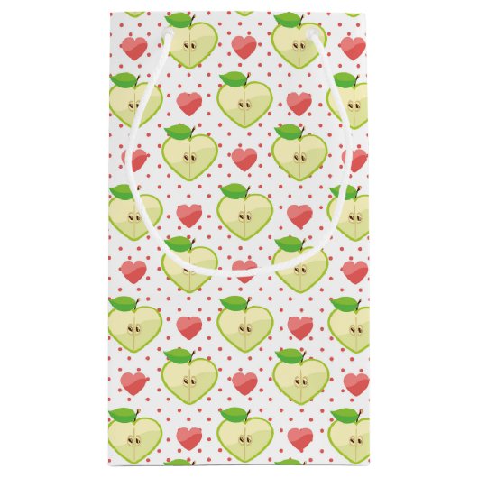 ピンクの水玉模様およびハートが付いているハートのりんご スモールペーパーバッグ (裏面)