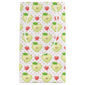 ピンクの水玉模様およびハートが付いているハートのりんご スモールペーパーバッグ (正面)