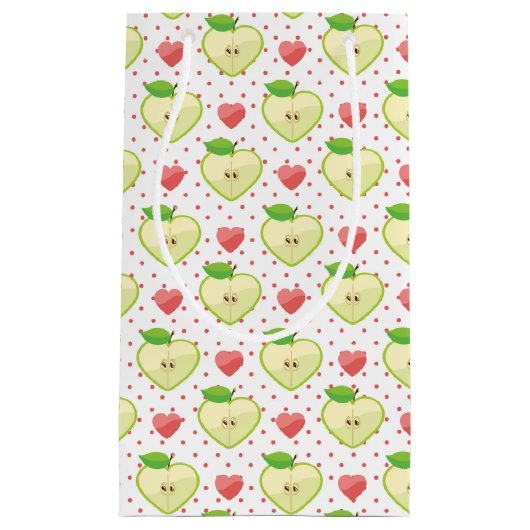 ピンクの水玉模様およびハートが付いているハートのりんご スモールペーパーバッグ (正面)