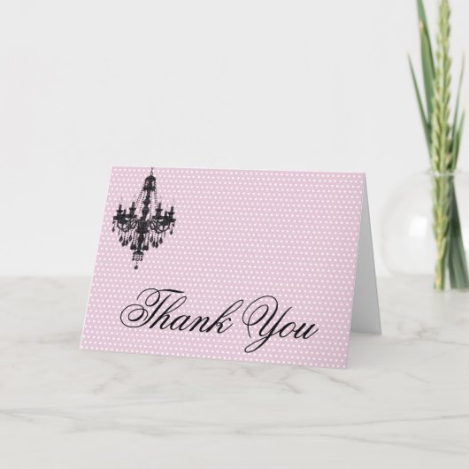 ピンクの水玉模様および黒いシャンデリア サンキューカード (正面)