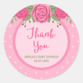 ピンクの水玉模様とバラありがとう ラウンドシール (正面)