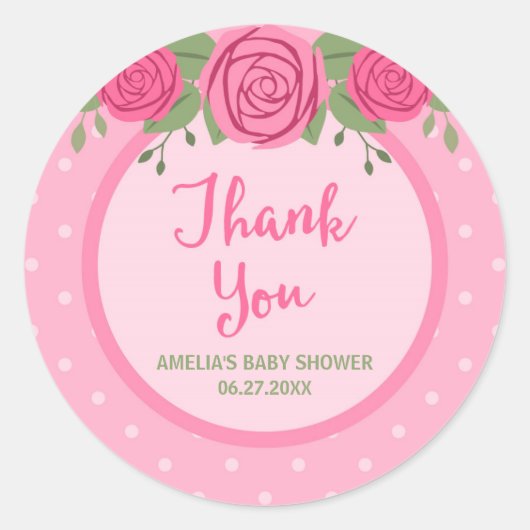 ピンクの水玉模様とバラありがとう ラウンドシール (正面)