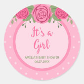 ピンクの水玉模様とバラ女の子ベビーシャワー ラウンドシール (正面)