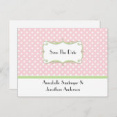 ピンクの水玉模様と淡い色の緑の日付を保存 案内ポストカード (正面/裏面)