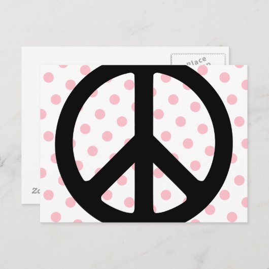 ピンクの水玉模様と黒の平和のシンボル ポストカード (正面/裏面)