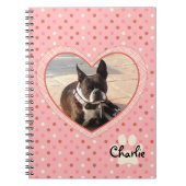 ピンクの水玉模様のあや目陰影のハートの写真フレーム ノートブック (正面)
