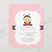 ピンクの水玉模様のかわいいてんとう虫の女の子のベビーシャワー 招待状 (正面/裏面)
