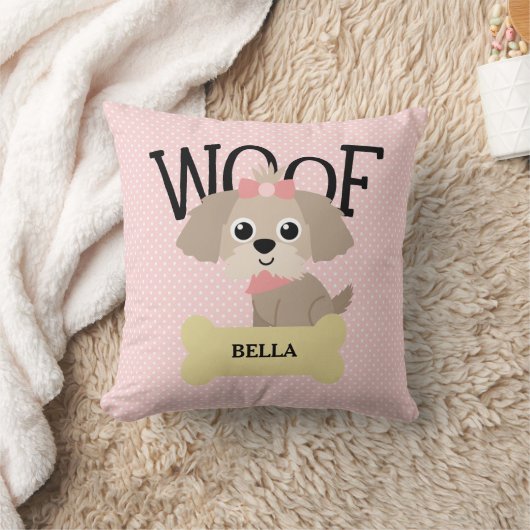 ピンクの水玉模様のかわいいシーズー（犬）のTzuの小犬 クッション (ブランケット)