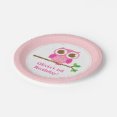 ピンクの水玉模様のかわいいフクロウの誕生会 ペーパープレート (アングル)