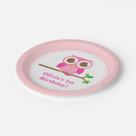 ピンクの水玉模様のかわいいフクロウの誕生会 ペーパープレート (アングル)