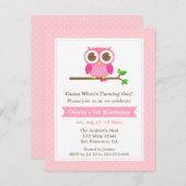 ピンクの水玉模様のかわいいフクロウの誕生会 招待状 (正面/裏面)