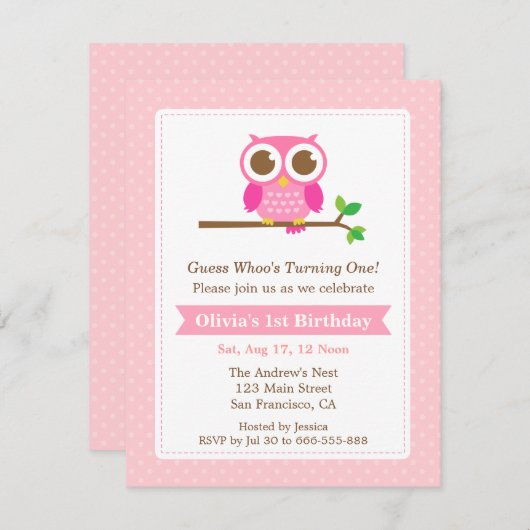 ピンクの水玉模様のかわいいフクロウの誕生会 招待状 (正面/裏面)