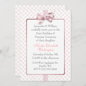 ピンクの水玉模様のベビーの誕生日および示す式 招待状 (正面/裏面)