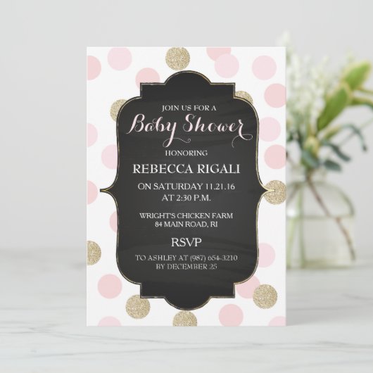 ピンクの水玉模様のベビーシャワーの招待状の~の女の子 招待状 (スタンド正面)