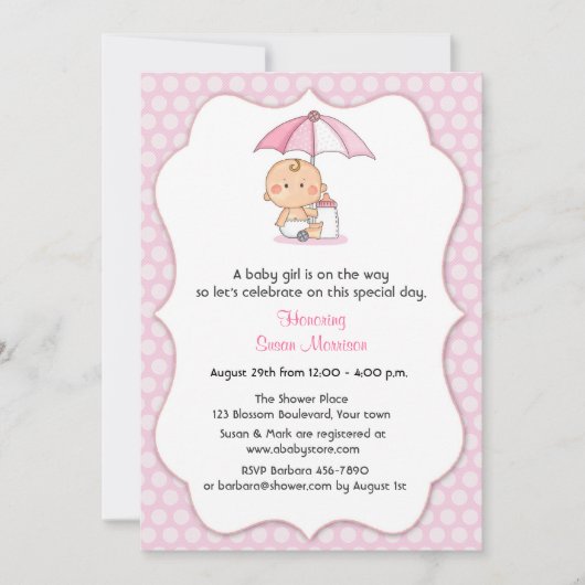 ピンクの水玉模様の女の子のシャワー 招待状 (正面)