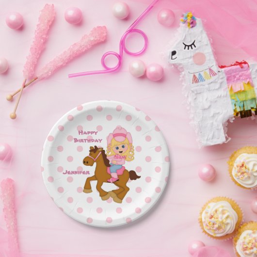 ピンクの水玉模様の女性のカーボーイの誕生日 ペーパープレート (パーティー)