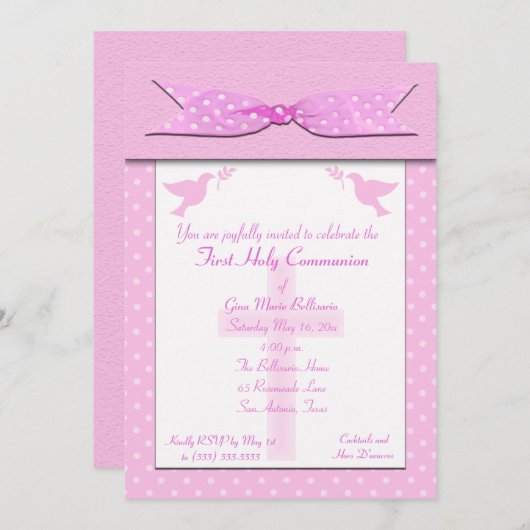 ピンクの水玉模様の最初聖餐式の招待状 招待状 (正面/裏面)