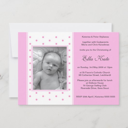 ピンクの水玉模様の洗礼招待状 招待状 (正面)