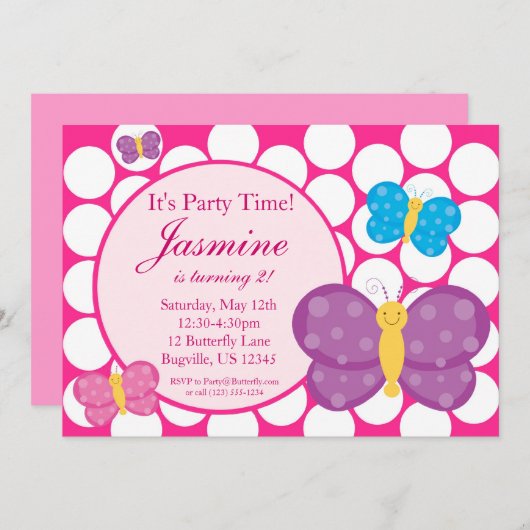 ピンクの水玉模様の蝶誕生日のパーティの招待状 招待状 (正面/裏面)