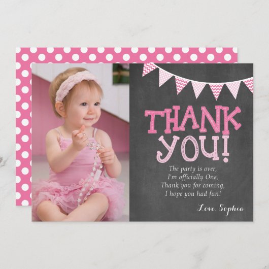 ピンクの水玉模様の誕生日のサンキューカード サンキューカード (正面/裏面)