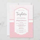ピンクの水玉模様シブロンストライプの三つ子 招待状 (正面)