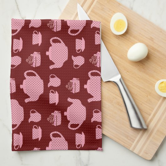 ピンクの水玉模様ティーセットオンブルゴーニュ キッチンタオル (四つ折り)