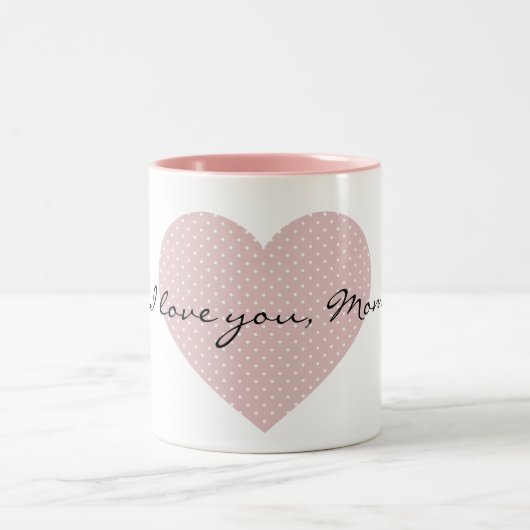 ピンクの水玉模様ハート ツートーンマグカップ (中央)