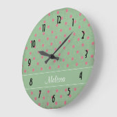 ピンクの水玉模様パターンとのヴィンテージの緑 ラージ壁時計 (傾斜)