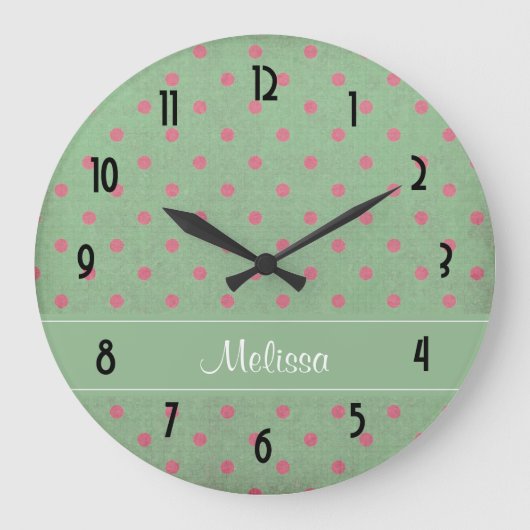 ピンクの水玉模様パターンとのヴィンテージの緑 ラージ壁時計 (正面)