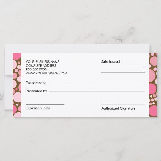 ピンクの水玉模様ブティックスタイルギフト券 (裏面)