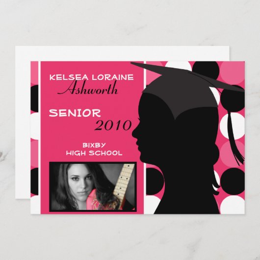 ピンクの水玉模様写真5x7の卒業発表 案内状 (正面/裏面)