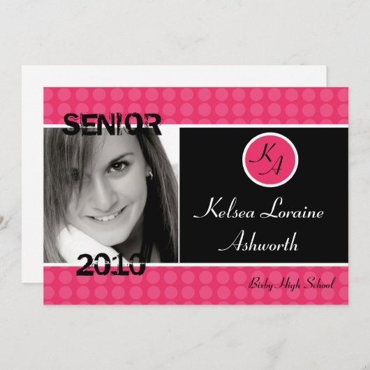 ピンクの水玉模様写真5x7の卒業発表 案内状 (正面/裏面)