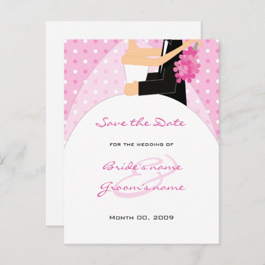 ピンクの水玉模様結婚式日付はがきを保存 案内ポストカード (正面/裏面)