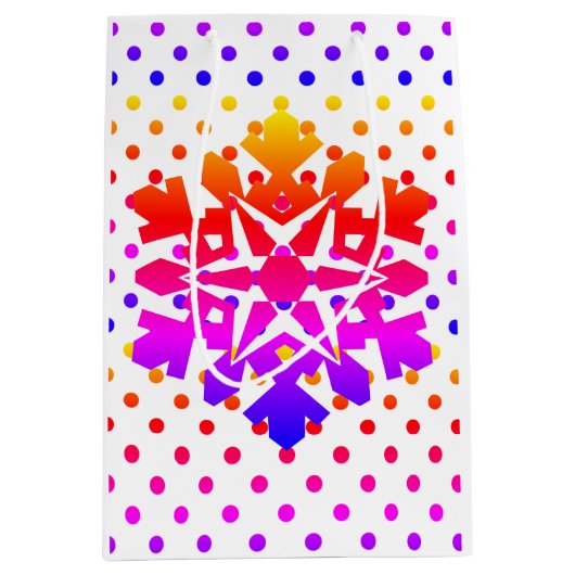 ピンクの水玉模様，オレンジ，紫，青のスノーフレーク ミディアムペーパーバッグ (正面)