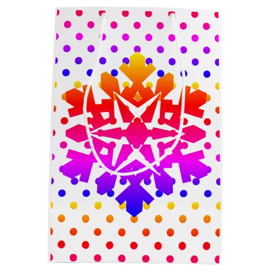 ピンクの水玉模様，オレンジ，紫，青のスノーフレーク ミディアムペーパーバッグ (裏面)