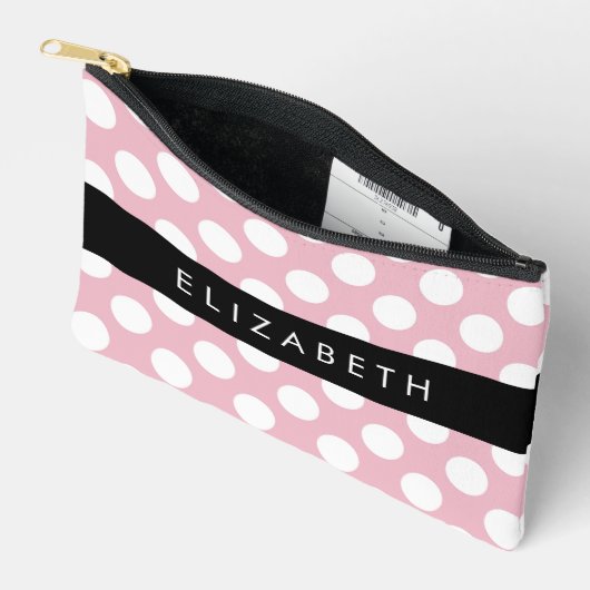 ピンクの水玉模様、水玉模様パターン、名前 アクセサリーポーチ (見開き)