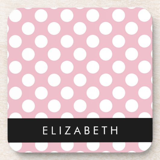 ピンクの水玉模様、水玉模様パターン、名前 コースター (正面)