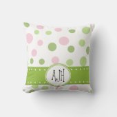 ピンクの水玉模様、緑の水玉模様、モノグラム クッション (正面)