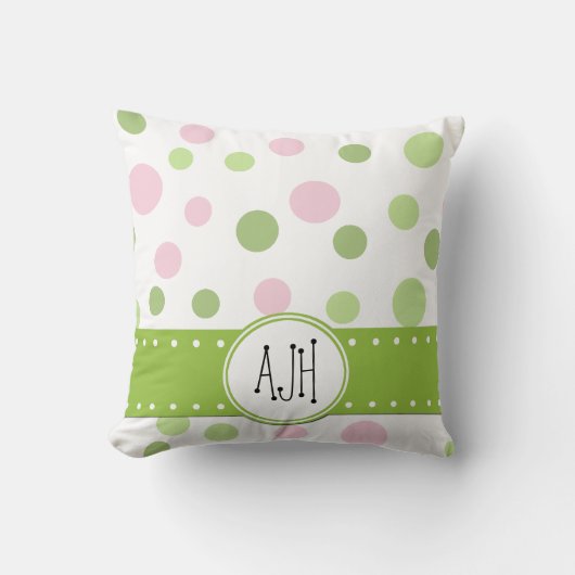 ピンクの水玉模様、緑の水玉模様、モノグラム クッション (正面)